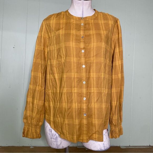 Faherty Harper Plaid Button Down Top Blouson Sleeves Ruffled Cuffs - Size Medium - Picture 5 of 9